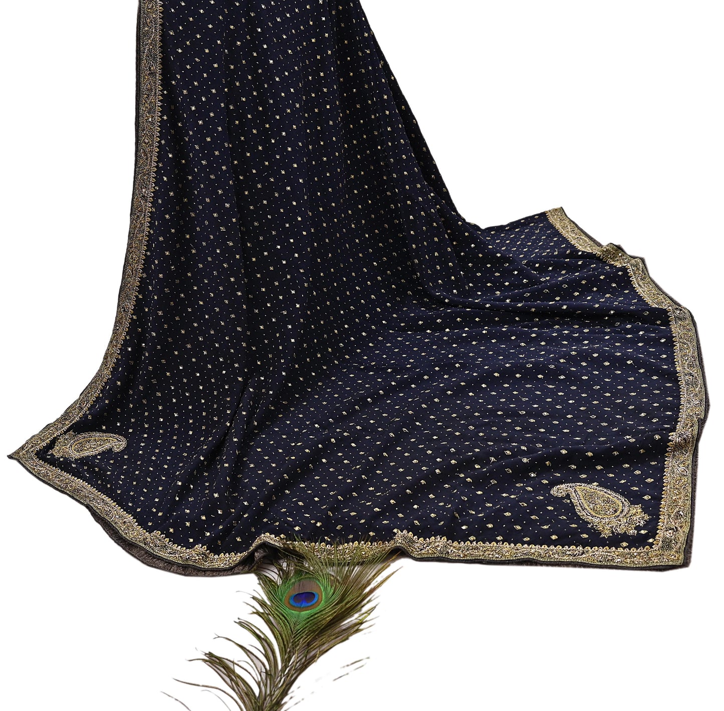 Indian Vintage Heavy Deep Blue Dupatta Pure Crepe Silk Long Stole Hand Embroidered Designer By Ritu Kumar Scarves Scarf Zari Zardozi