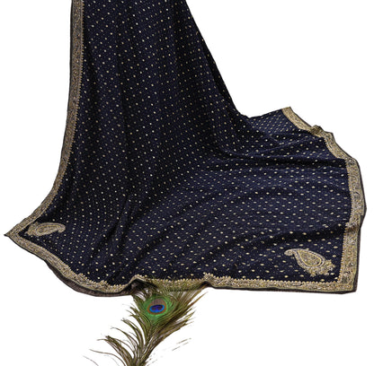Indian Vintage Heavy Deep Blue Dupatta Pure Crepe Silk Long Stole Hand Embroidered Designer By Ritu Kumar Scarves Scarf Zari Zardozi