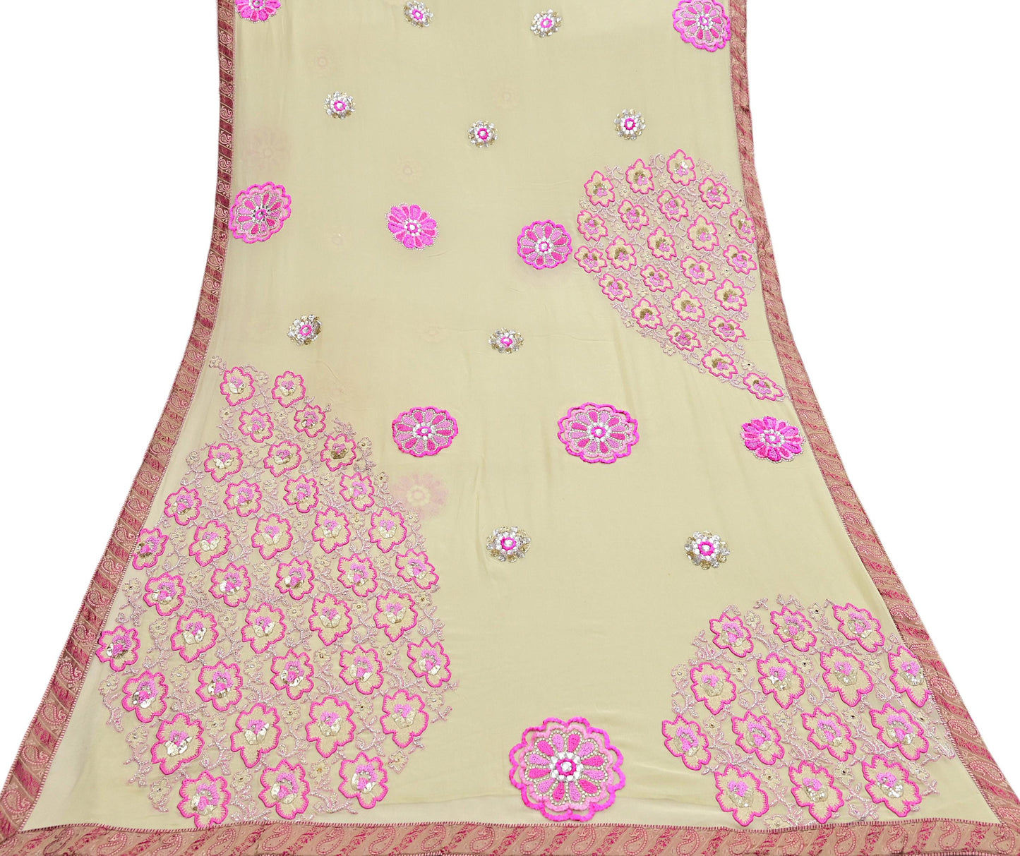 Indian Vintage Heavy Sari Ivory Pure Georgette Silk Hand Beaded Sarees Craft Fabric 5Yd Sewing Soft Ethnic Wedding Sarees Dress making