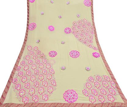 Indian Vintage Heavy Sari Ivory Pure Georgette Silk Hand Beaded Sarees Craft Fabric 5Yd Sewing Soft Ethnic Wedding Sarees Dress making