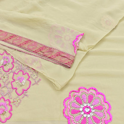 Indian Vintage Heavy Sari Ivory Pure Georgette Silk Hand Beaded Sarees Craft Fabric 5Yd Sewing Soft Ethnic Wedding Sarees Dress making