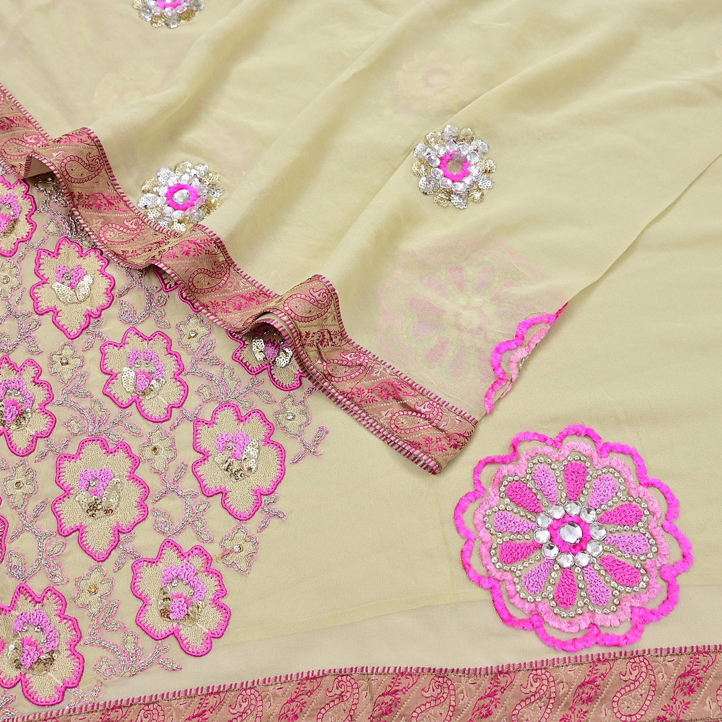 Indian Vintage Heavy Sari Ivory Pure Georgette Silk Hand Beaded Sarees Craft Fabric 5Yd Sewing Soft Ethnic Wedding Sarees Dress making