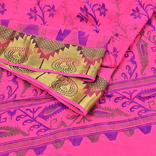 Indian Vintage Sari Pink Printed Pure Cotton Sarees Craft Fabric 5Yd Soft Sewing Sarong Wrap Boho Floral Quilting Dress making