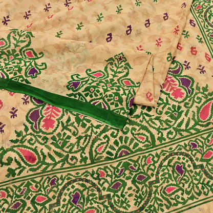 Indian Vintage Sari Beige & Green Pure Cotton Printed Sarees Craft Fabric Soft 5Yd Sarong Wrap Boho Fabric Kimono Quilting Crafting Upcycle
