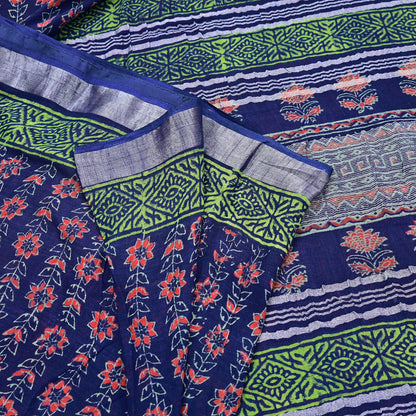 Indian Vintage Sari Blue Woven 100% Pure Cotton Sarees Craft Fabric 6Yd Floral Upcycle Quilting Crafting Dress making Upcycle Boho Wrap
