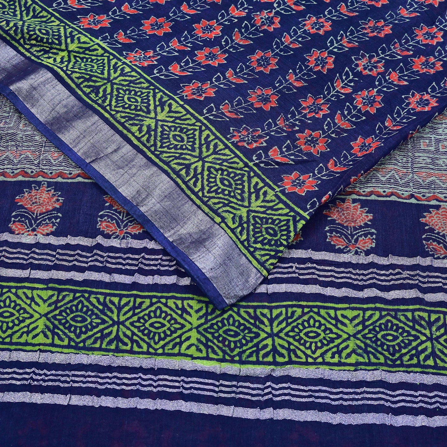 Indian Vintage Sari Blue Woven 100% Pure Cotton Sarees Craft Fabric 6Yd Floral Upcycle Quilting Crafting Dress making Upcycle Boho Wrap