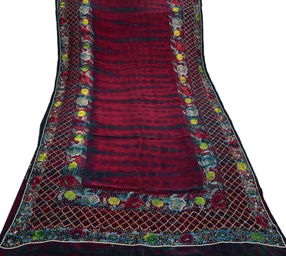 Indian Vintage Saree Maroon & Black Pure Crepe Silk Hand Embroidered Tie-Dye Sari Fabric 6yard Sewing Craft Fabric Ethnic Dressmaking