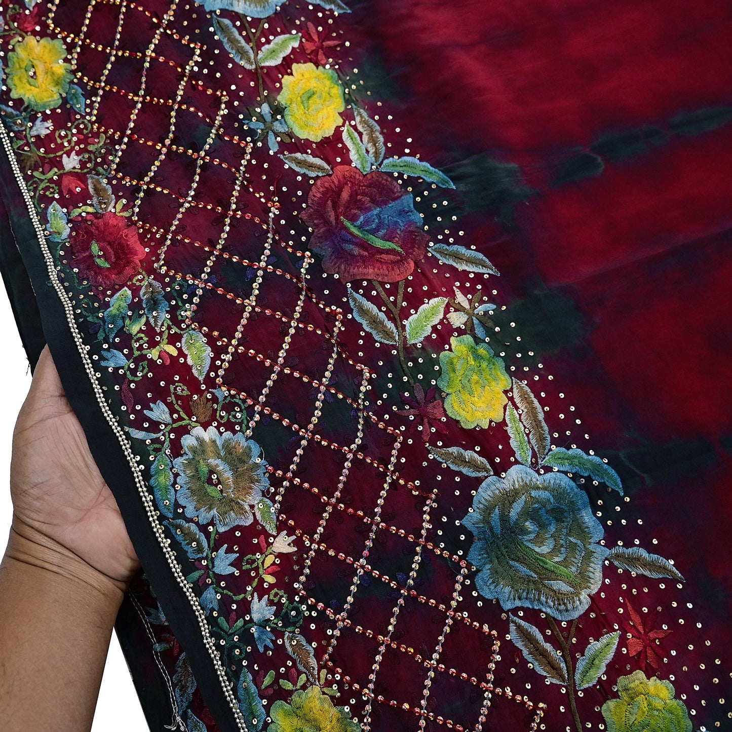 Indian Vintage Saree Maroon & Black Pure Crepe Silk Hand Embroidered Tie-Dye Sari Fabric 6yard Sewing Craft Fabric Ethnic Dressmaking