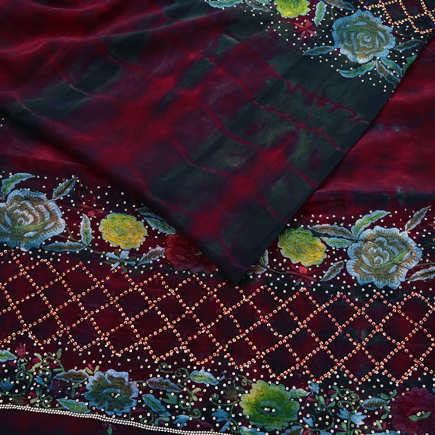 Indian Vintage Saree Maroon & Black Pure Crepe Silk Hand Embroidered Tie-Dye Sari Fabric 6yard Sewing Craft Fabric Ethnic Dressmaking