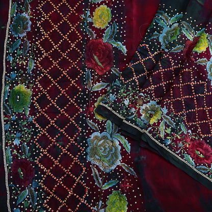 Indian Vintage Saree Maroon & Black Pure Crepe Silk Hand Embroidered Tie-Dye Sari Fabric 6yard Sewing Craft Fabric Ethnic Dressmaking