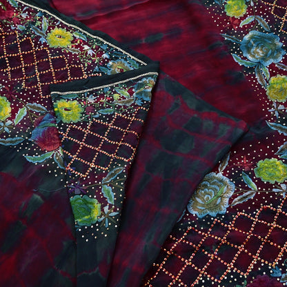 Indian Vintage Saree Maroon & Black Pure Crepe Silk Hand Embroidered Tie-Dye Sari Fabric 6yard Sewing Craft Fabric Ethnic Dressmaking