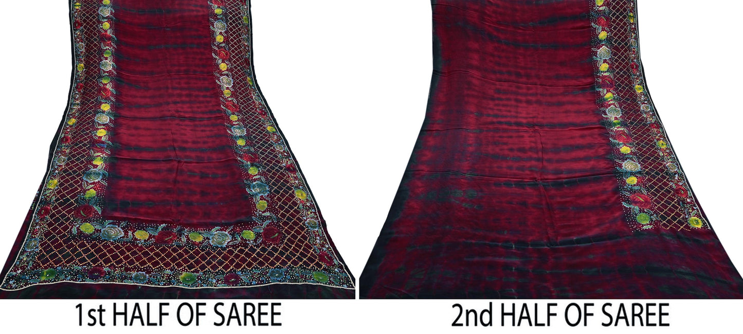 Indian Vintage Saree Maroon & Black Pure Crepe Silk Hand Embroidered Tie-Dye Sari Fabric 6yard Sewing Craft Fabric Ethnic Dressmaking