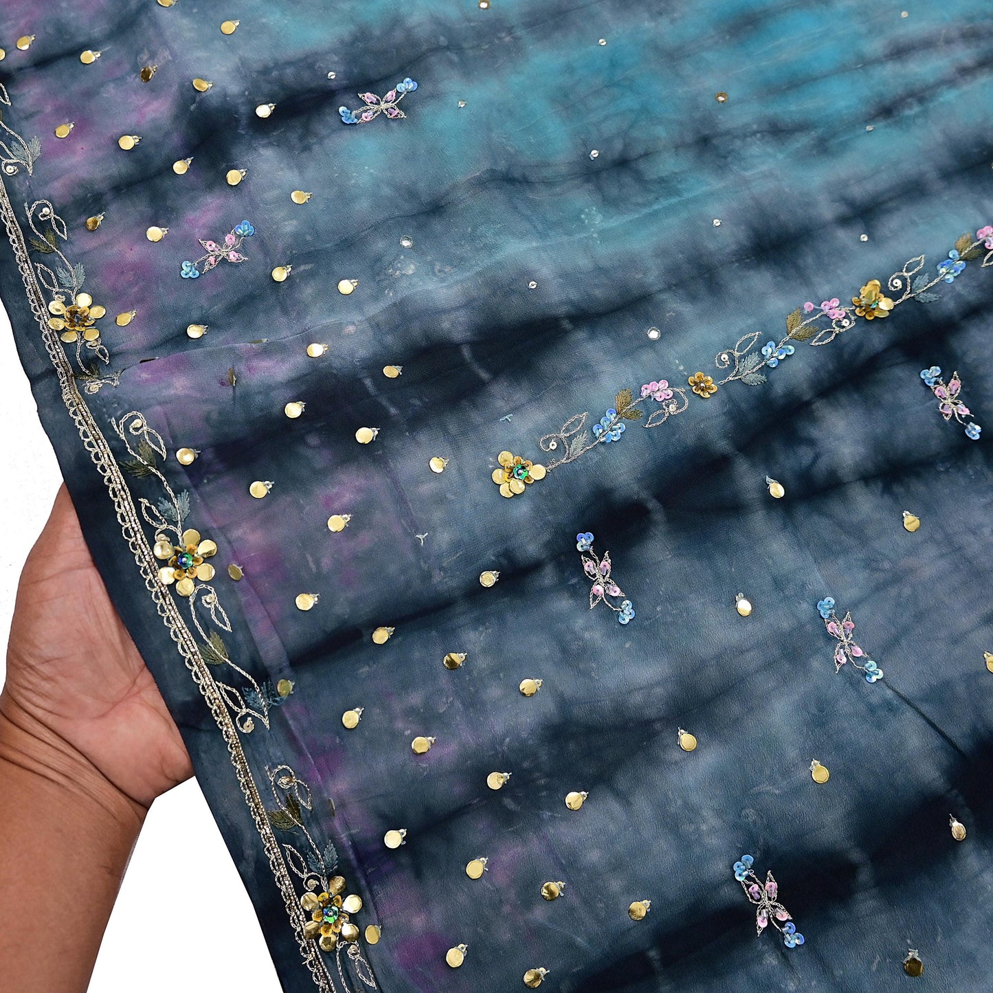 Indian Vintage Sari Pure Crepe Silk Hand Embroidered Sarees 5yd Sewing Craft Fabric Ethnic Wrap Upcycle Quilting Crafting Dress Making