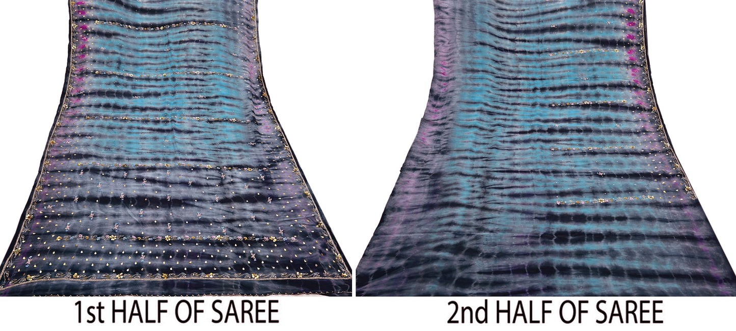 Indian Vintage Sari Pure Crepe Silk Hand Embroidered Sarees 5yd Sewing Craft Fabric Ethnic Wrap Upcycle Quilting Crafting Dress Making