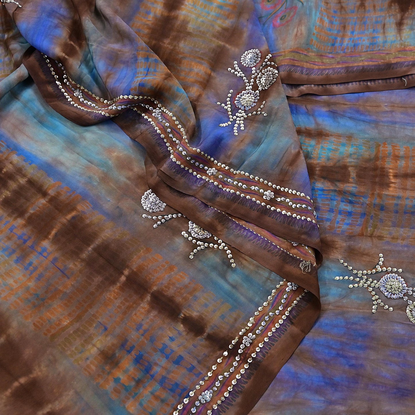 Indian Vintage Saree Brown & Blue Pure Crepe Silk Hand Embroidered Tie-Dye Sari Fabric 6yard Sewing Craft Fabric Dressmaking Crafting Zari