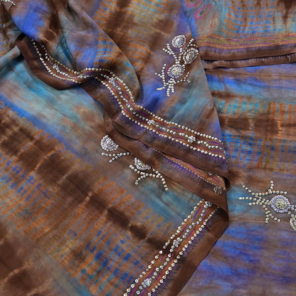 Indian Vintage Saree Brown & Blue Pure Crepe Silk Hand Embroidered Tie-Dye Sari Fabric 6yard Sewing Craft Fabric Dressmaking Crafting Zari