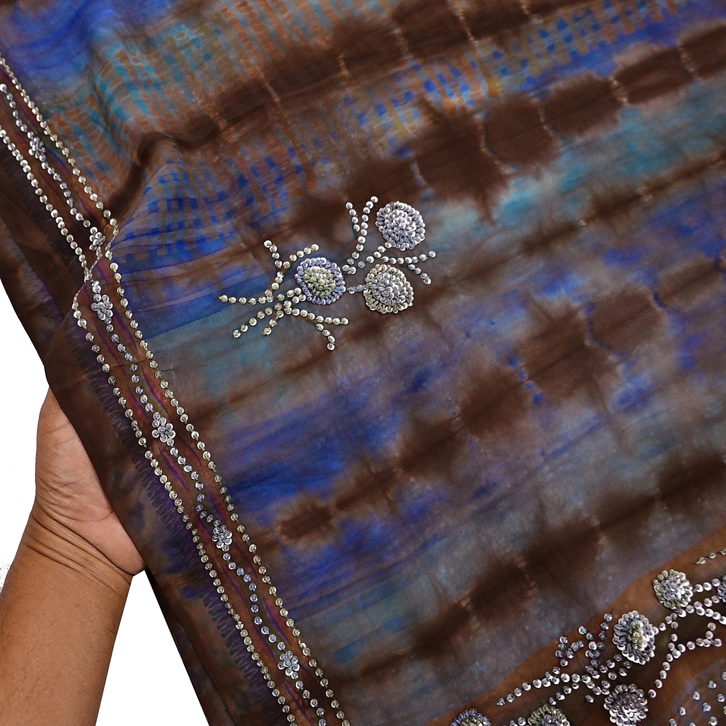 Indian Vintage Saree Brown & Blue Pure Crepe Silk Hand Embroidered Tie-Dye Sari Fabric 6yard Sewing Craft Fabric Dressmaking Crafting Zari
