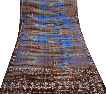 Indian Vintage Saree Brown & Blue Pure Crepe Silk Hand Embroidered Tie-Dye Sari Fabric 6yard Sewing Craft Fabric Dressmaking Crafting Zari