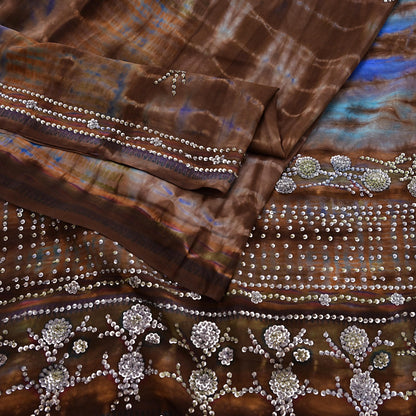 Indian Vintage Saree Brown & Blue Pure Crepe Silk Hand Embroidered Tie-Dye Sari Fabric 6yard Sewing Craft Fabric Dressmaking Crafting Zari