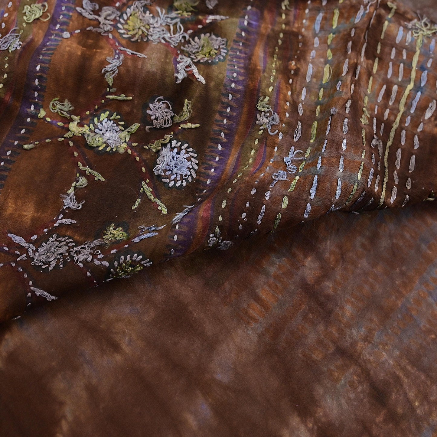 Indian Vintage Saree Brown & Blue Pure Crepe Silk Hand Embroidered Tie-Dye Sari Fabric 6yard Sewing Craft Fabric Dressmaking Crafting Zari