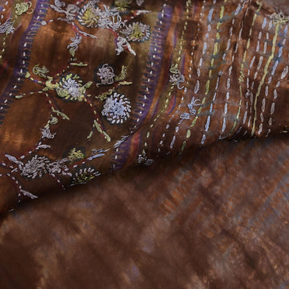 Indian Vintage Saree Brown & Blue Pure Crepe Silk Hand Embroidered Tie-Dye Sari Fabric 6yard Sewing Craft Fabric Dressmaking Crafting Zari