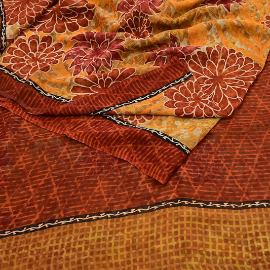 Indian Vintage Saree Saffron Pure Georgette Silk Printed Sari Sewing 5yd Craft Soft Floral Dress Designing for Crafting