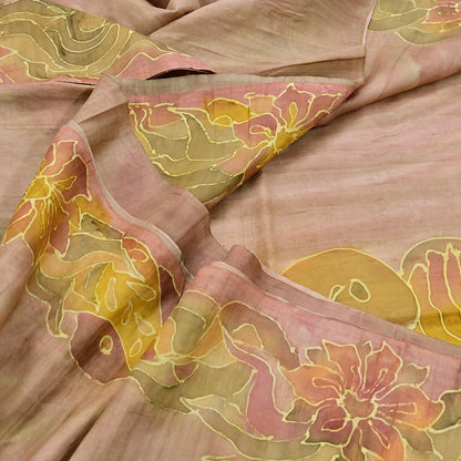 Vintage Brown & Green Pure Silk Saree Indian Printed Floral Silk Fabric 6Yard Soft Sewing Material for Dressmaking, Quilting Crafts
