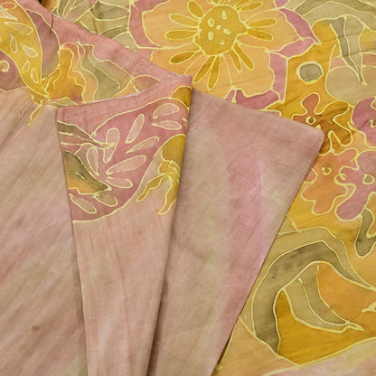 Vintage Brown & Green Pure Silk Saree Indian Printed Floral Silk Fabric 6Yard Soft Sewing Material for Dressmaking, Quilting Crafts