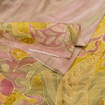 Vintage Brown & Green Pure Silk Saree Indian Printed Floral Silk Fabric 6Yard Soft Sewing Material for Dressmaking, Quilting Crafts