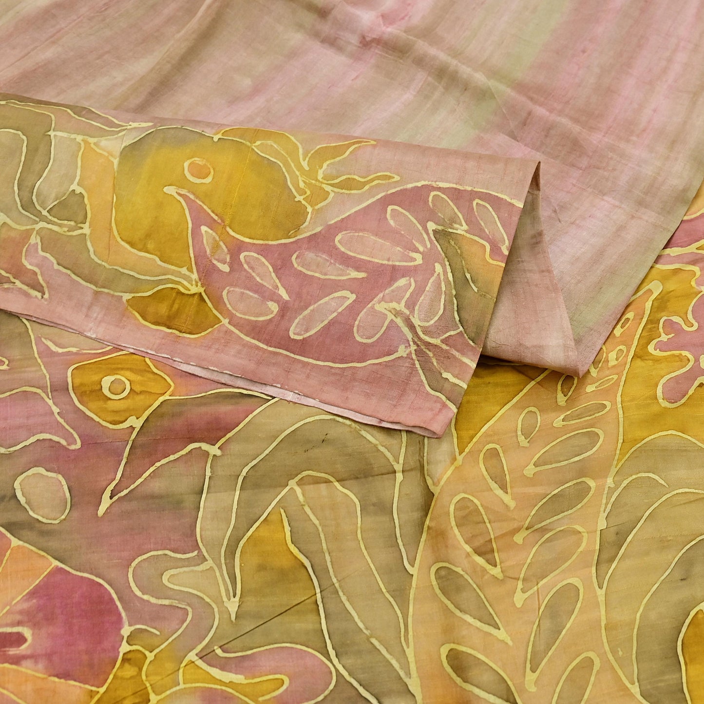 Vintage Brown & Green Pure Silk Saree Indian Printed Floral Silk Fabric 6Yard Soft Sewing Material for Dressmaking, Quilting Crafts