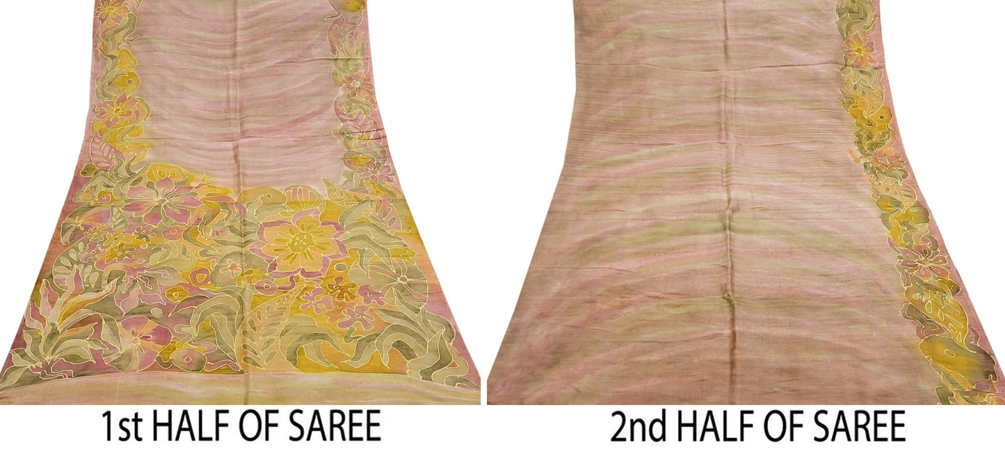 Vintage Brown & Green Pure Silk Saree Indian Printed Floral Silk Fabric 6Yard Soft Sewing Material for Dressmaking, Quilting Crafts