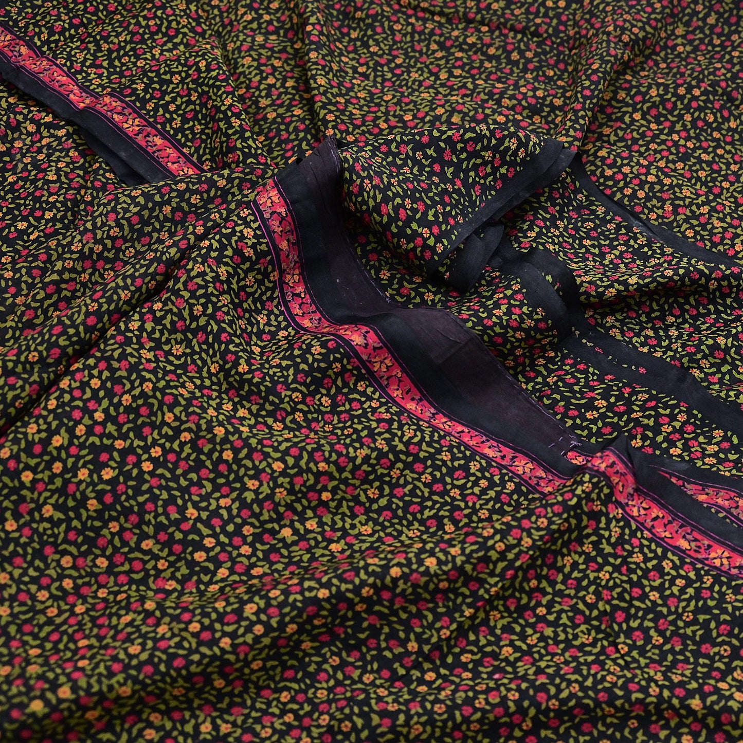 Vintage Sari Black Pure Silk Printed Saree Craft Fabric 6yard Sewing Floral Soft Dress Designing for Crafting Upcycle Quilting