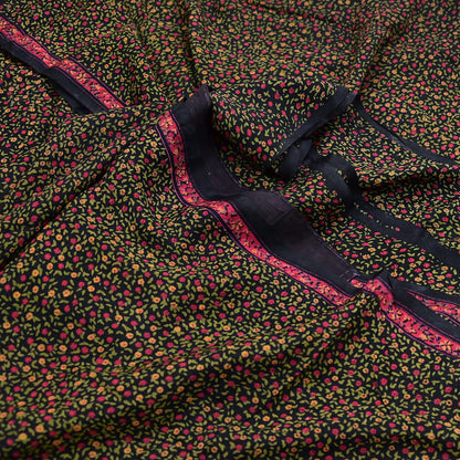 Vintage Sari Black Pure Silk Printed Saree Craft Fabric 6yard Sewing Floral Soft Dress Designing for Crafting Upcycle Quilting