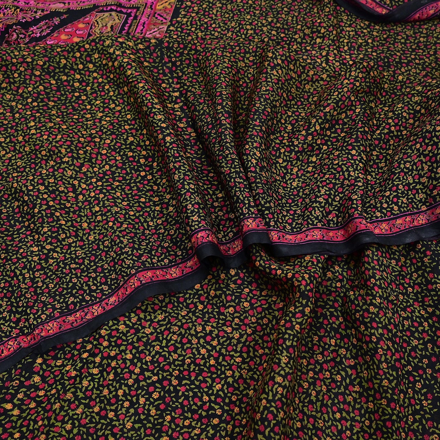 Vintage Sari Black Pure Silk Printed Saree Craft Fabric 6yard Sewing Floral Soft Dress Designing for Crafting Upcycle Quilting