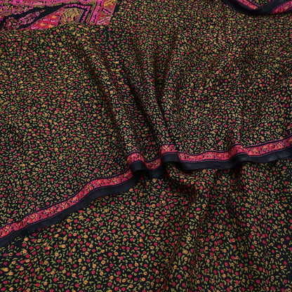 Vintage Sari Black Pure Silk Printed Saree Craft Fabric 6yard Sewing Floral Soft Dress Designing for Crafting Upcycle Quilting