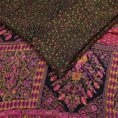 Vintage Sari Black Pure Silk Printed Saree Craft Fabric 6yard Sewing Floral Soft Dress Designing for Crafting Upcycle Quilting