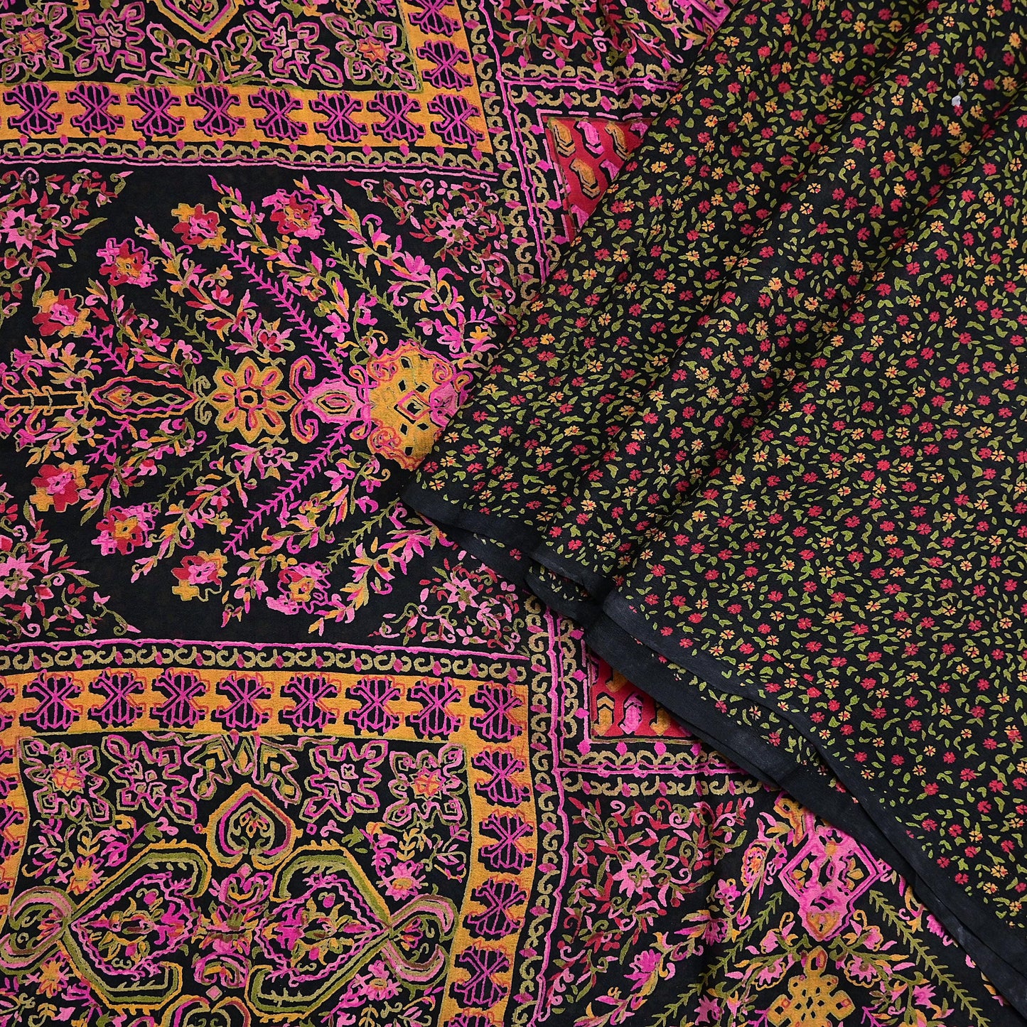 Vintage Sari Black Pure Silk Printed Saree Craft Fabric 6yard Sewing Floral Soft Dress Designing for Crafting Upcycle Quilting