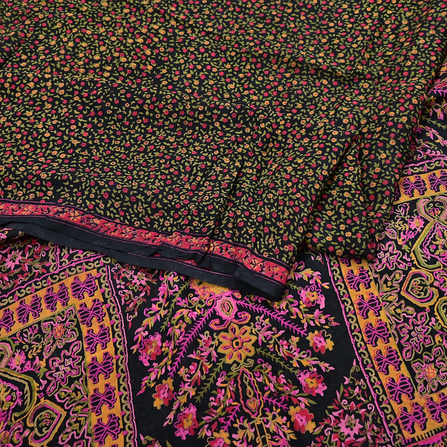 Vintage Sari Black Pure Silk Printed Saree Craft Fabric 6yard Sewing Floral Soft Dress Designing for Crafting Upcycle Quilting