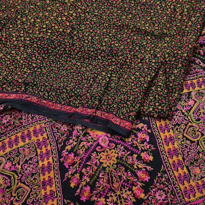 Vintage Sari Black Pure Silk Printed Saree Craft Fabric 6yard Sewing Floral Soft Dress Designing for Crafting Upcycle Quilting