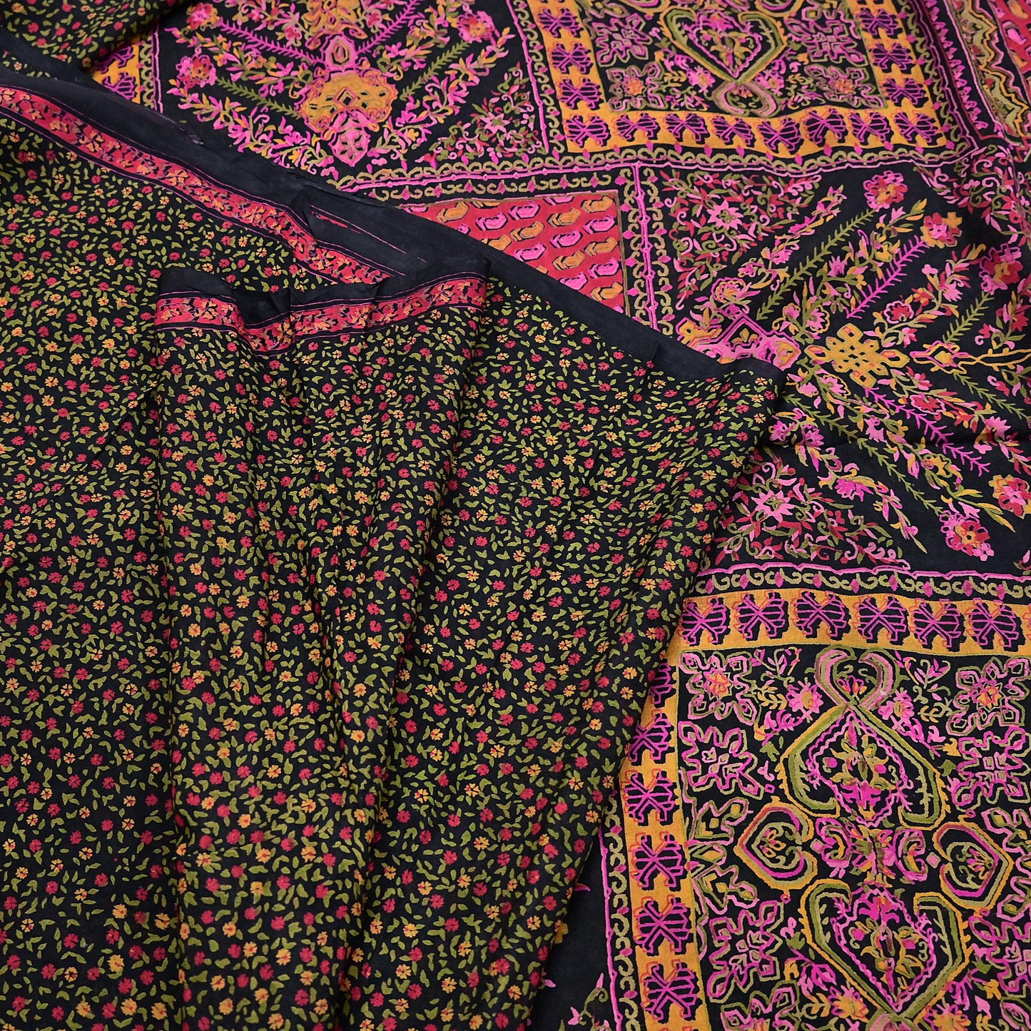 Vintage Sari Black Pure Silk Printed Saree Craft Fabric 6yard Sewing Floral Soft Dress Designing for Crafting Upcycle Quilting