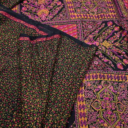 Vintage Sari Black Pure Silk Printed Saree Craft Fabric 6yard Sewing Floral Soft Dress Designing for Crafting Upcycle Quilting