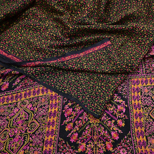 Vintage Sari Black Pure Silk Printed Saree Craft Fabric 6yard Sewing Floral Soft Dress Designing for Crafting Upcycle Quilting