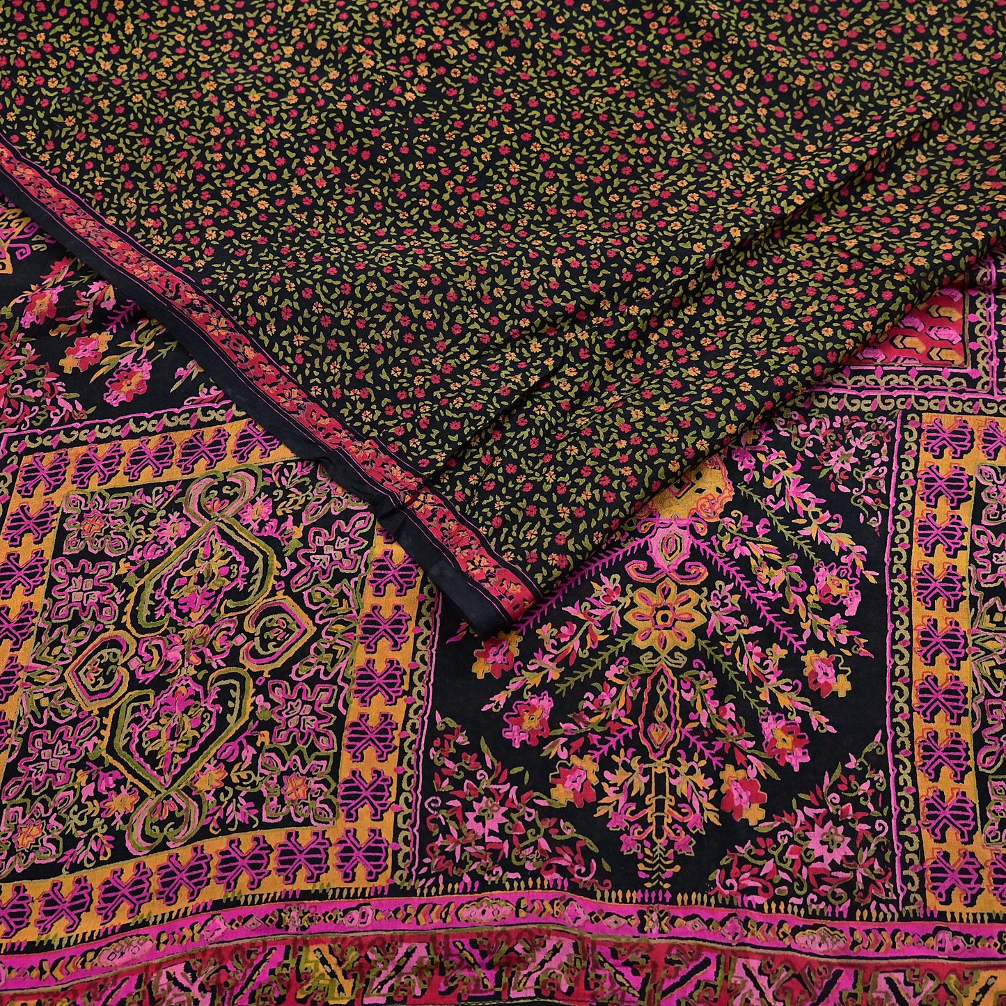 Vintage Sari Black Pure Silk Printed Saree Craft Fabric 6yard Sewing Floral Soft Dress Designing for Crafting Upcycle Quilting