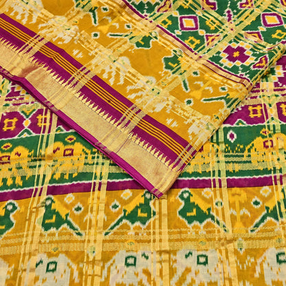 Indian Vintage Sari Saffron & Green Ikat Printed Pure Cotton Sarees Craft Fabric 5Yd Soft Sewing Sarong Wrap Boho Quilting Dress making