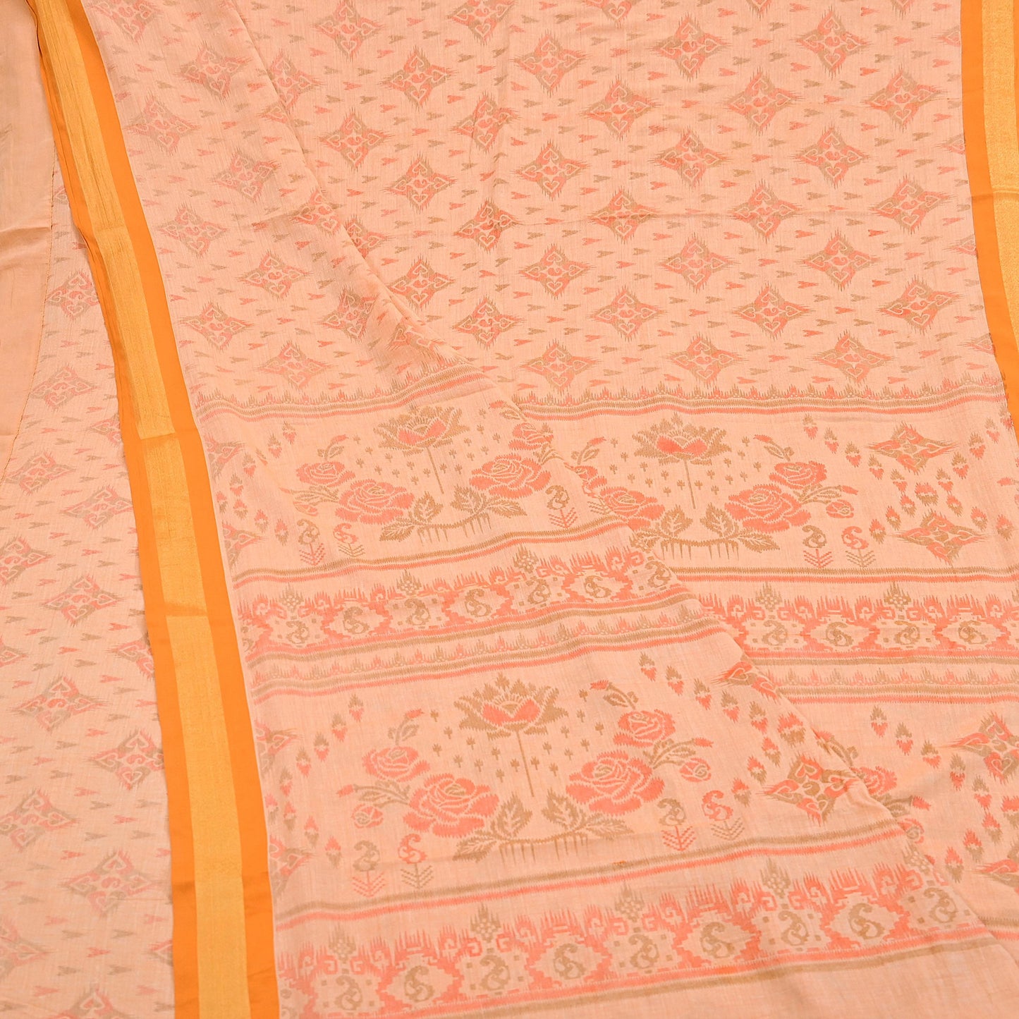 Indian Vintage Sari Peach Printed Pure Cotton Sarees Craft Fabric 5Yd Soft Sewing Sarong Wrap Boho Floral Quilting Dress making Zari border