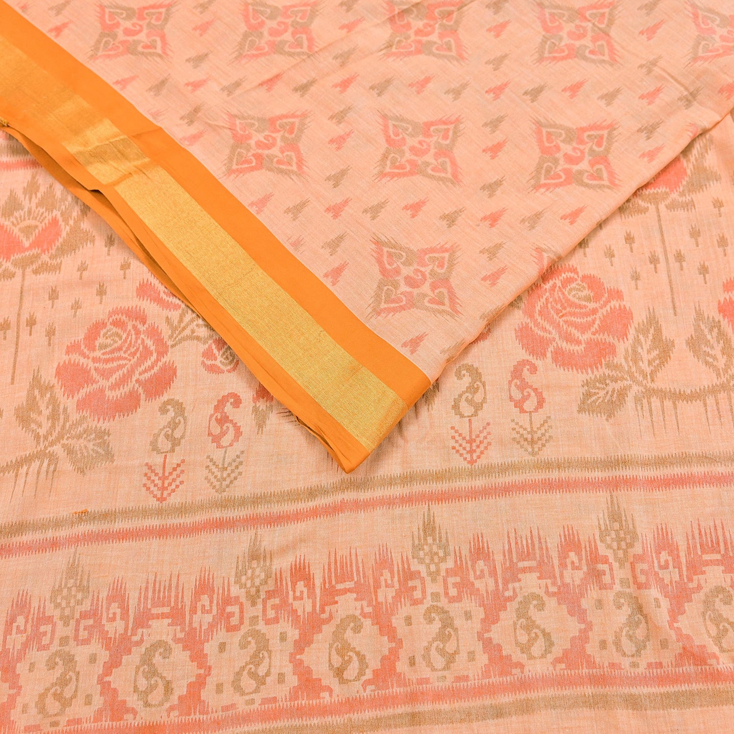 Indian Vintage Sari Peach Printed Pure Cotton Sarees Craft Fabric 5Yd Soft Sewing Sarong Wrap Boho Floral Quilting Dress making Zari border