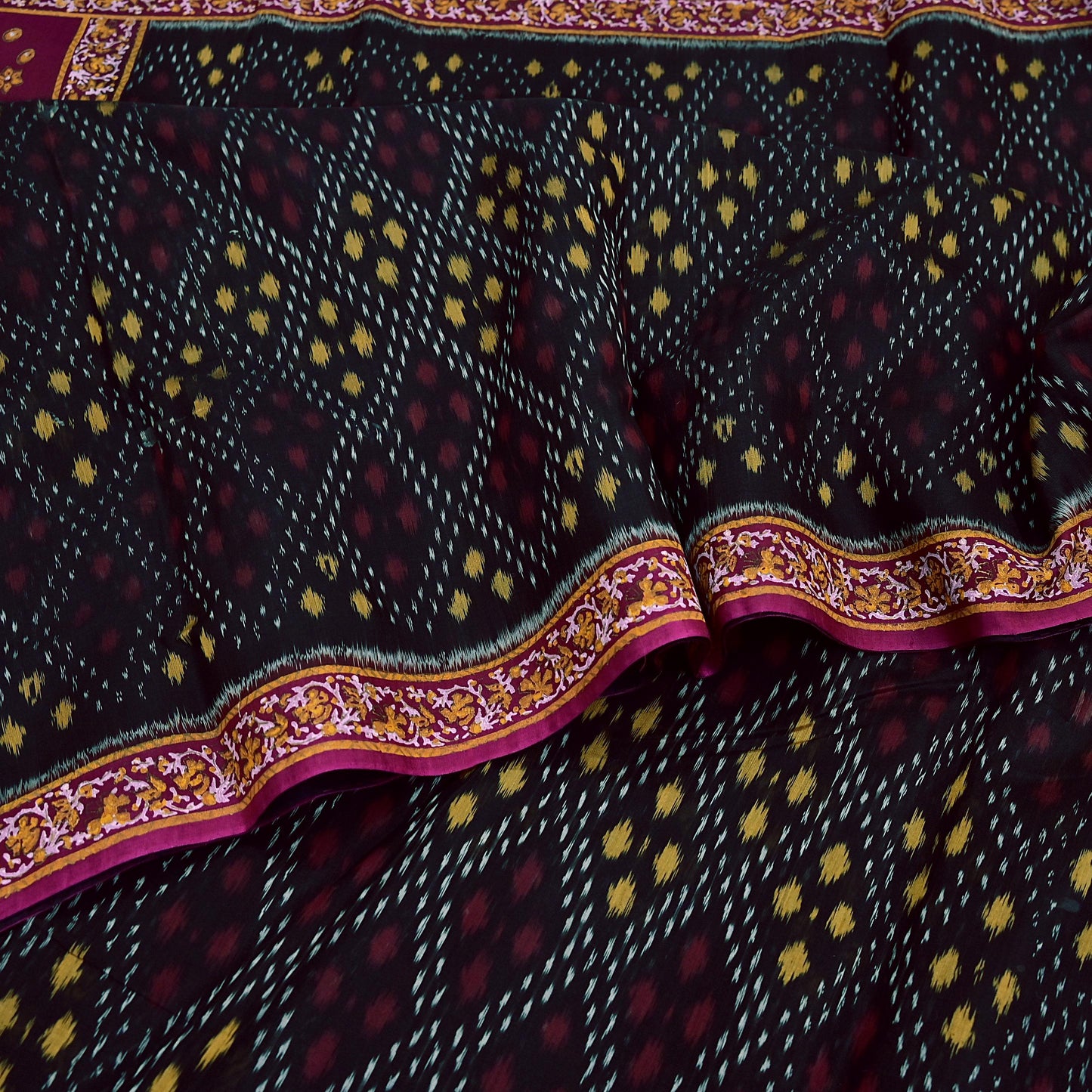 Indian Vintage Sari Black & Maroon Hand woven Sambalpuri Ikat Saree Pure Silk Craft Fabric 5Yd Ethnic Chackra Border Zari Dress making