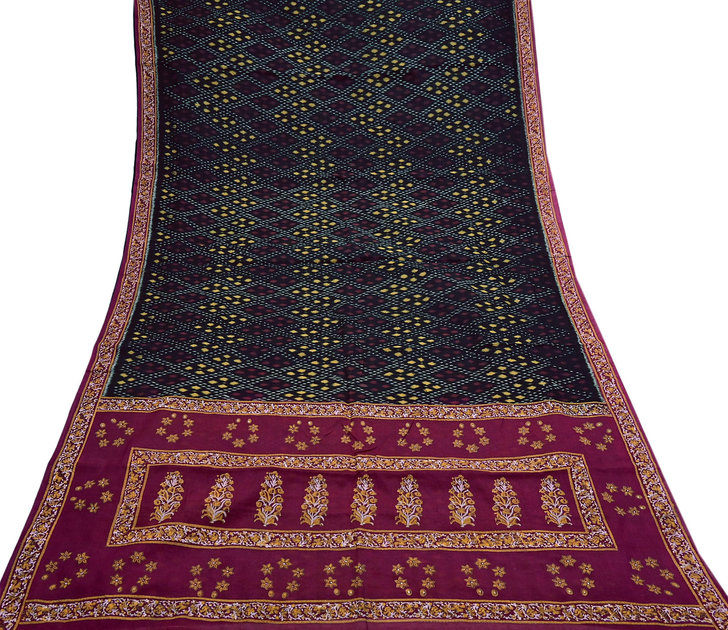 Indian Vintage Sari Black & Maroon Hand woven Sambalpuri Ikat Saree Pure Silk Craft Fabric 5Yd Ethnic Chackra Border Zari Dress making