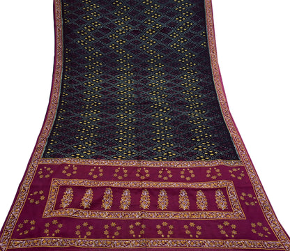 Indian Vintage Sari Black & Maroon Hand woven Sambalpuri Ikat Saree Pure Silk Craft Fabric 5Yd Ethnic Chackra Border Zari Dress making