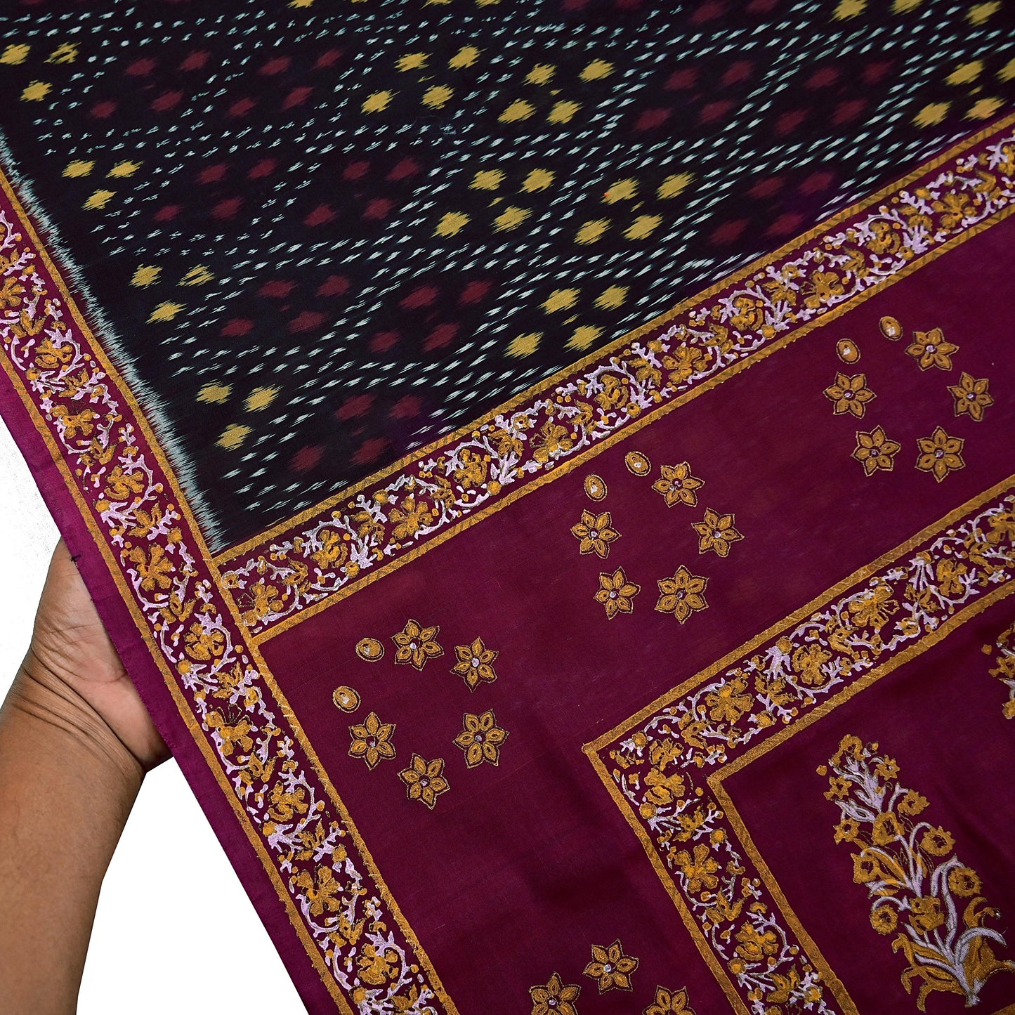 Indian Vintage Sari Black & Maroon Hand woven Sambalpuri Ikat Saree Pure Silk Craft Fabric 5Yd Ethnic Chackra Border Zari Dress making